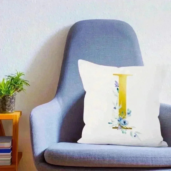 Pillow Covers 18x18” 1 pc I Alphabet Linen White/Gold I Blue Floral Boho Cottage - Picture 3 of 13